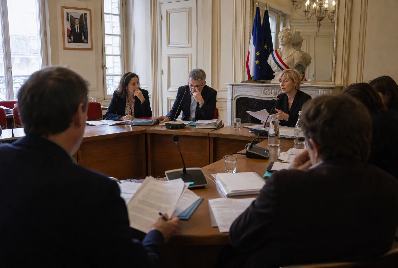 Réunion de commission municipale en France avec élus anonymes, micros, dossiers et lumière naturelle claire.