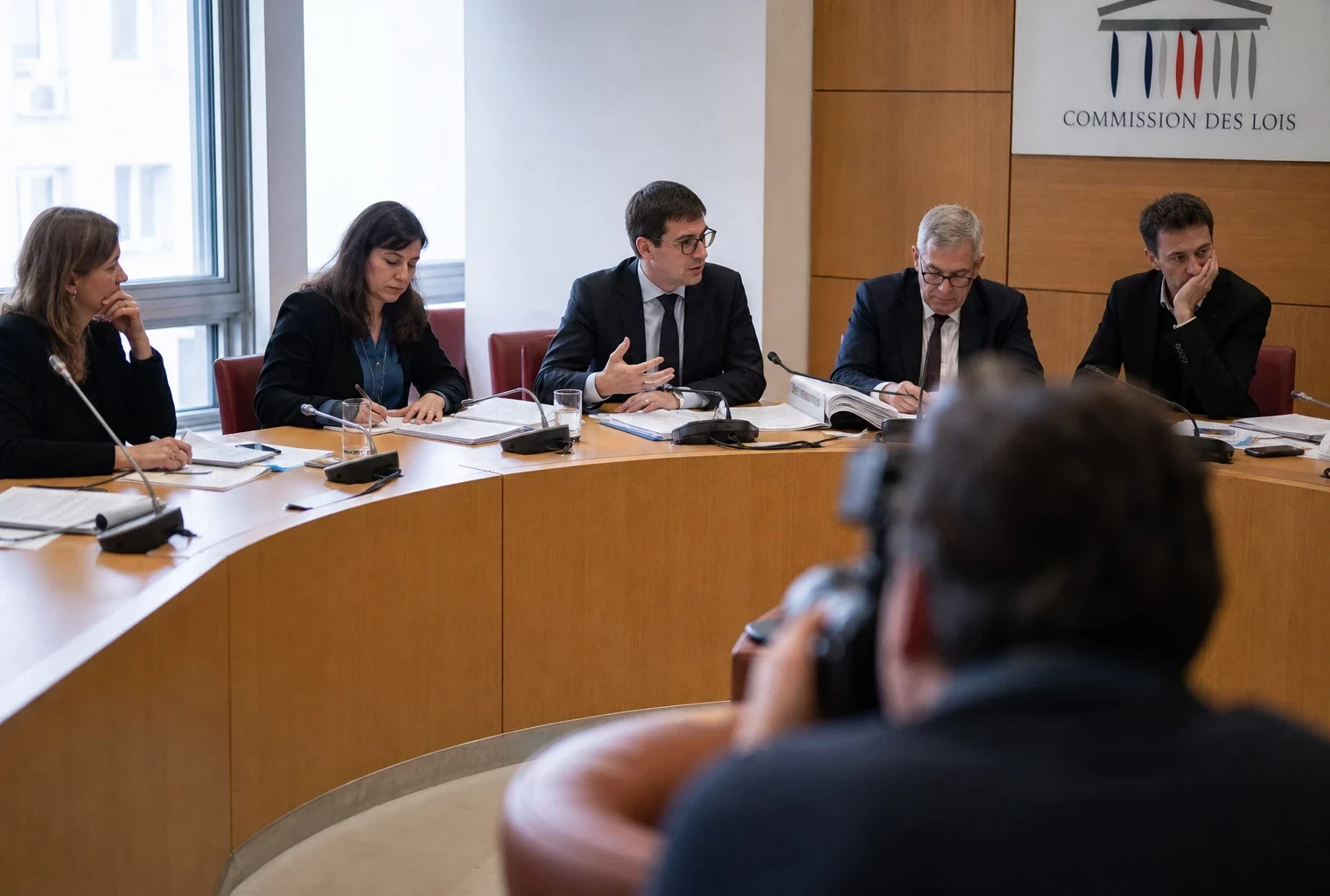 Réunion de commission parlementaire avec micros, dossiers ouverts et silhouettes anonymes dans une salle institutionnelle lumineuse.