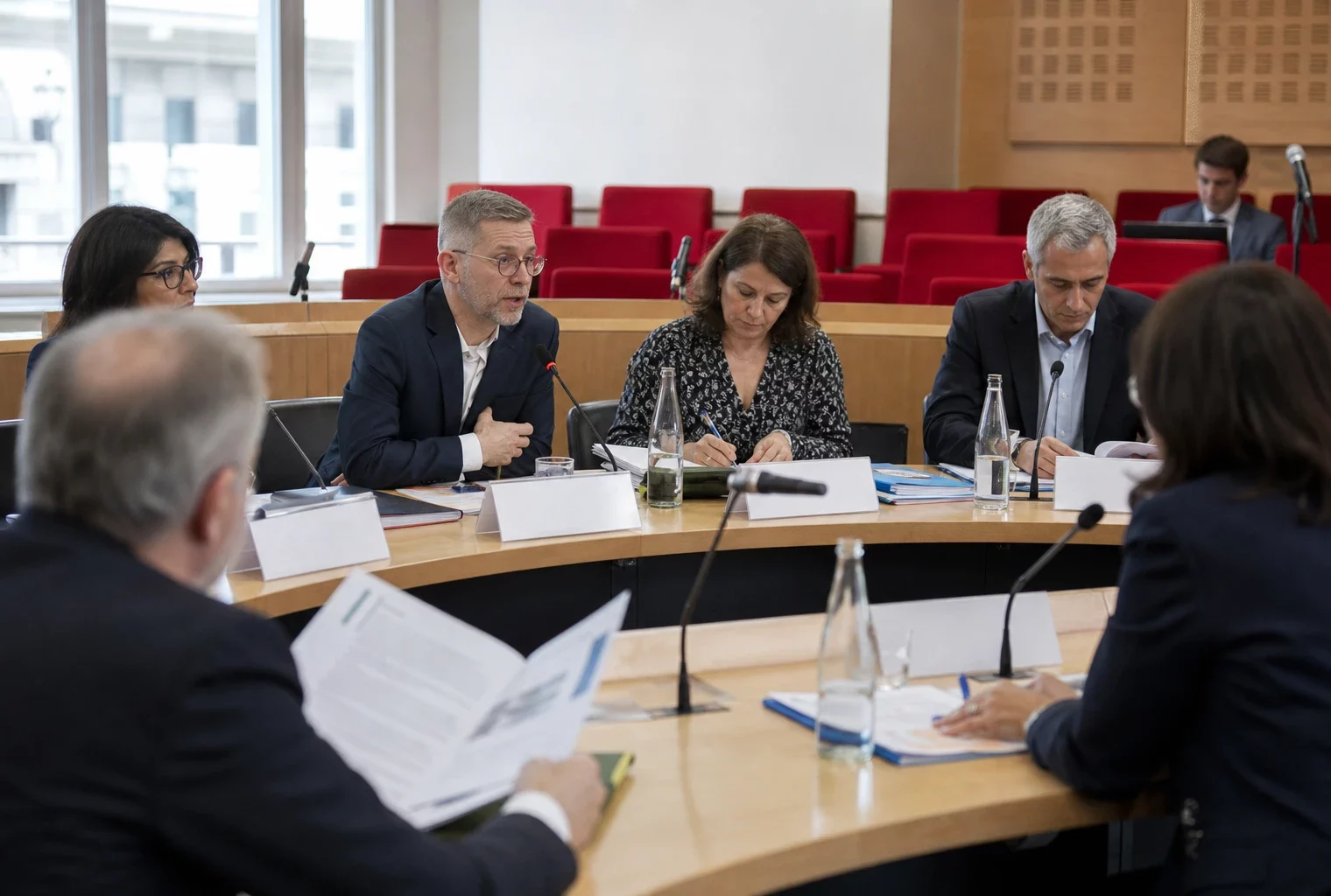 Réunion de commission parlementaire avec micros, dossiers et plusieurs participants anonymes dans une salle lumineuse.