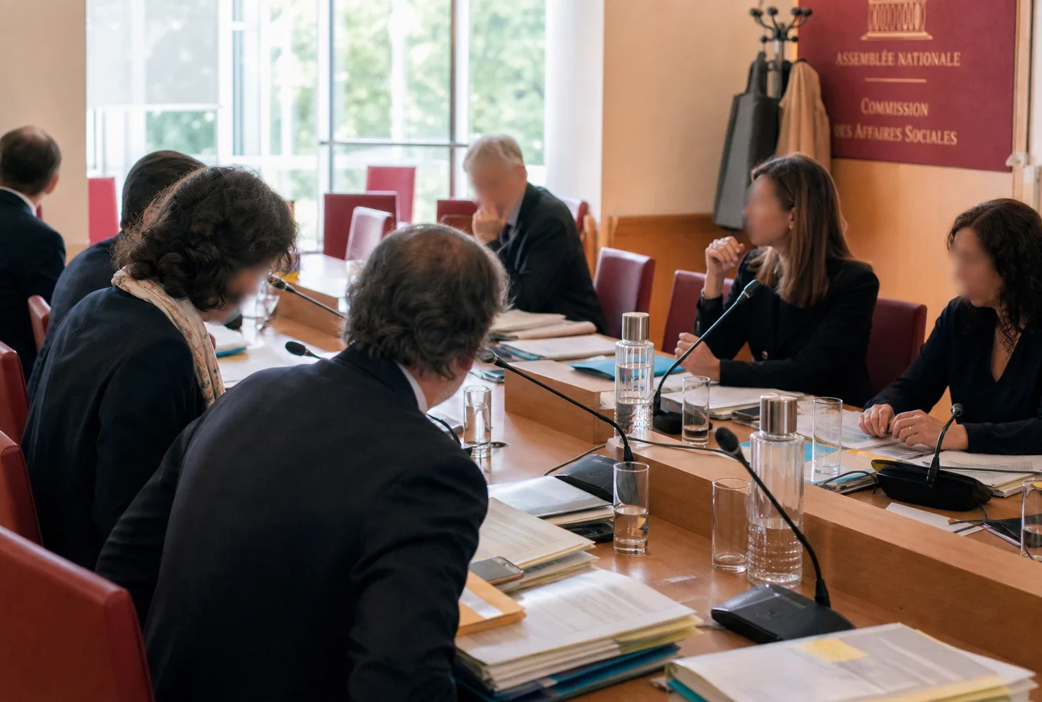 Réunion de commission parlementaire avec micros et dossiers, silhouettes anonymes dans une salle institutionnelle lumineuse