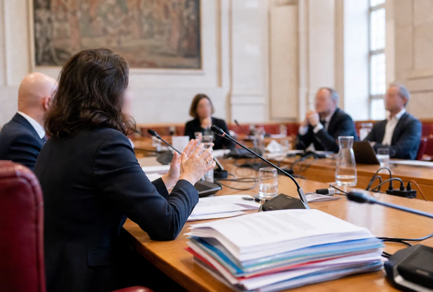 Réunion de commission parlementaire en France avec micros, dossiers ouverts et silhouettes anonymes autour d’une table.