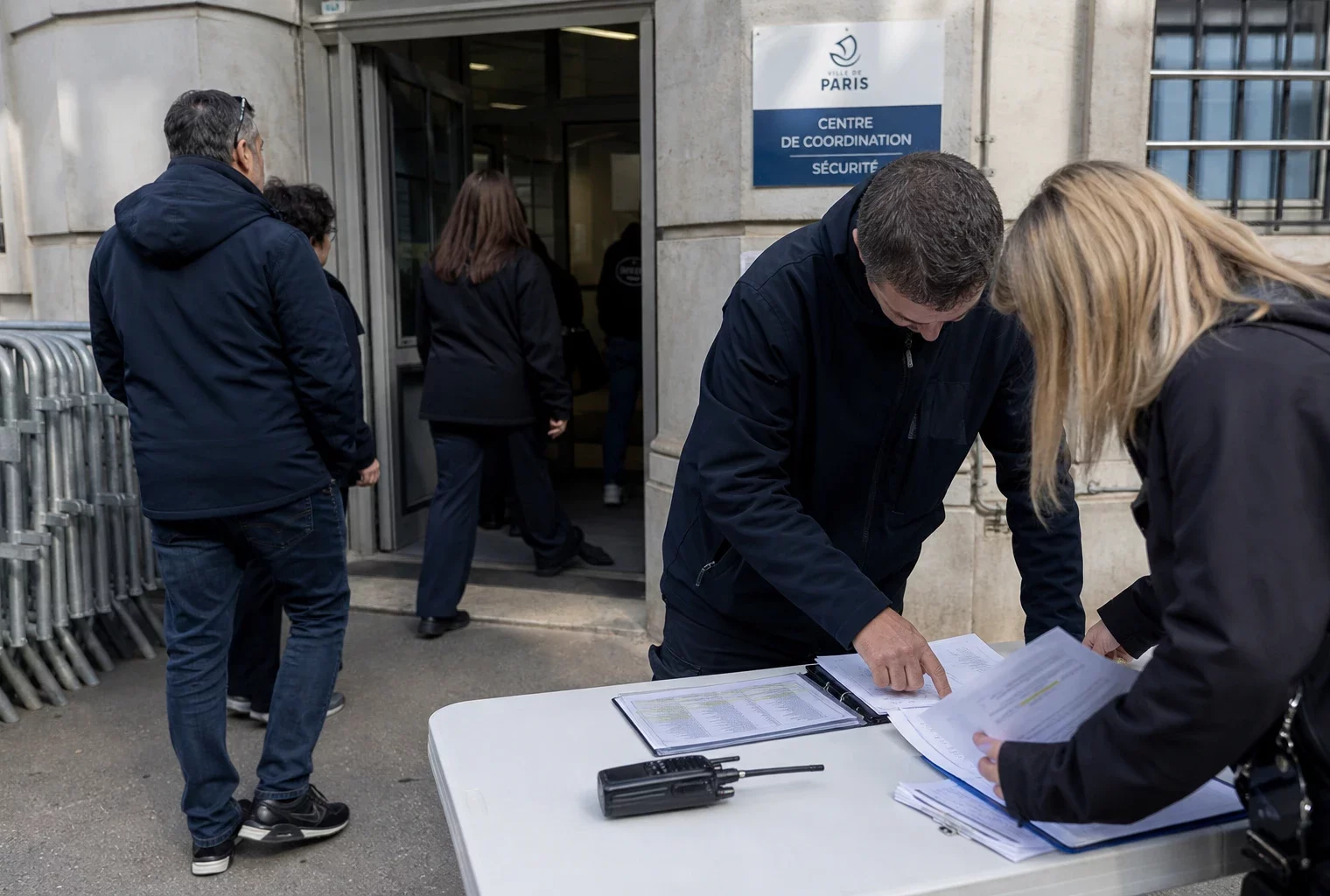 Agent de sécurité et documents d’autorisation devant un bâtiment administratif parisien, en scène de terrain calme.