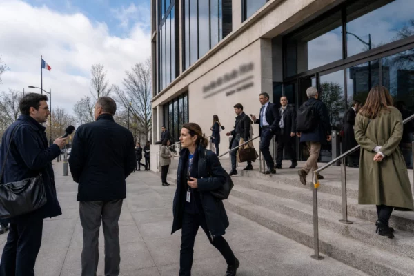 Des journalistes et des visiteurs entrent dans un bâtiment à Washington, avec un petit drapeau français flou au loin.