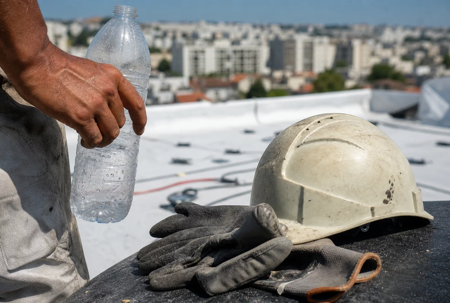 Gros plan d’un casque, de gants et d’une bouteille d’eau sur un toit en travaux sous forte chaleur
