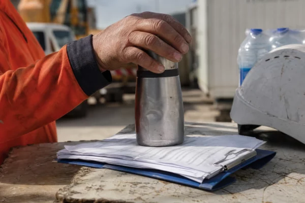 Gros plan sur la main d’un agent municipal près d’un thermos et d’un clipboard dans un chantier ensoleillé