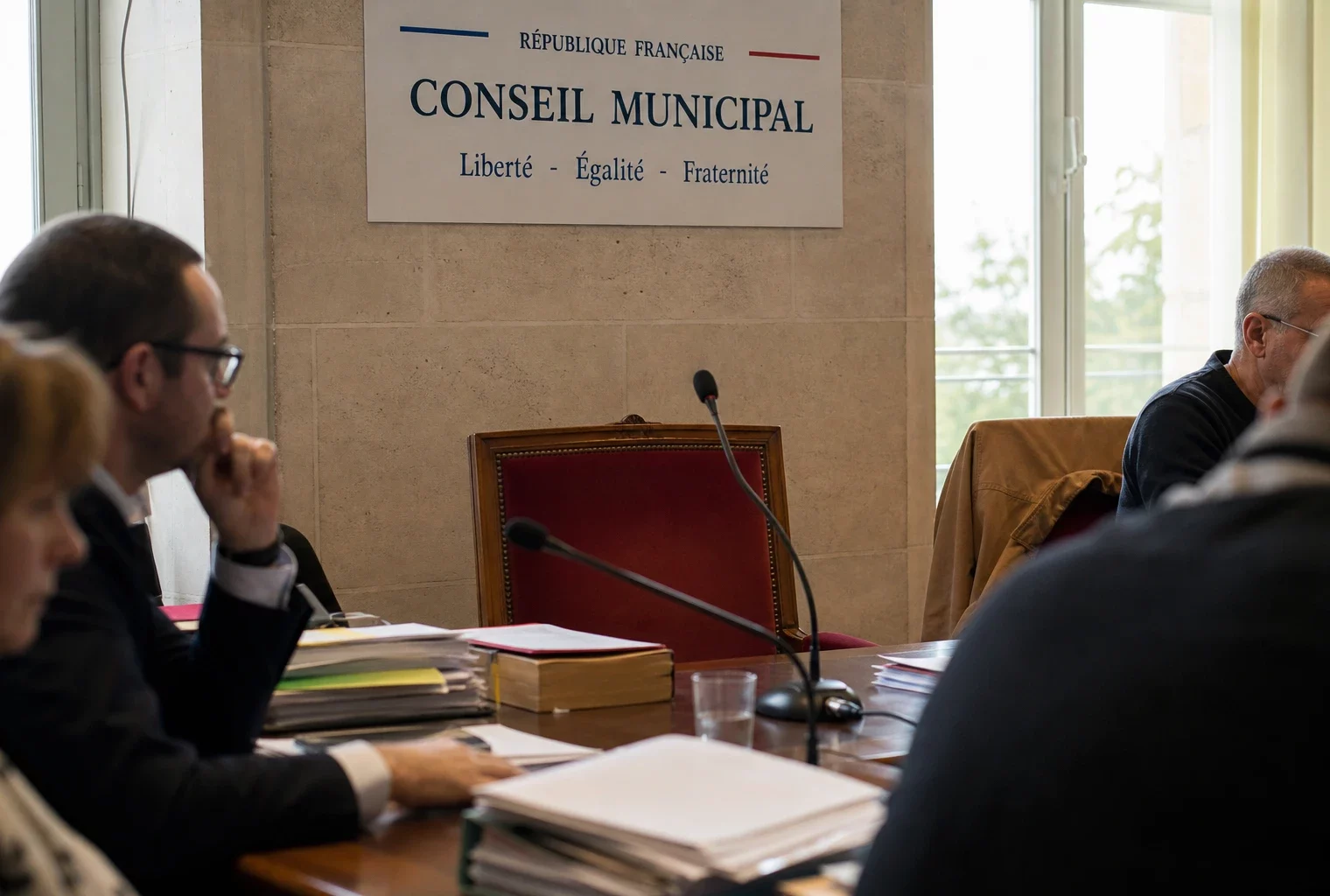 Salle municipale lumineuse avec chaise vide, micros et dossiers flous pour illustrer le débat agricole.