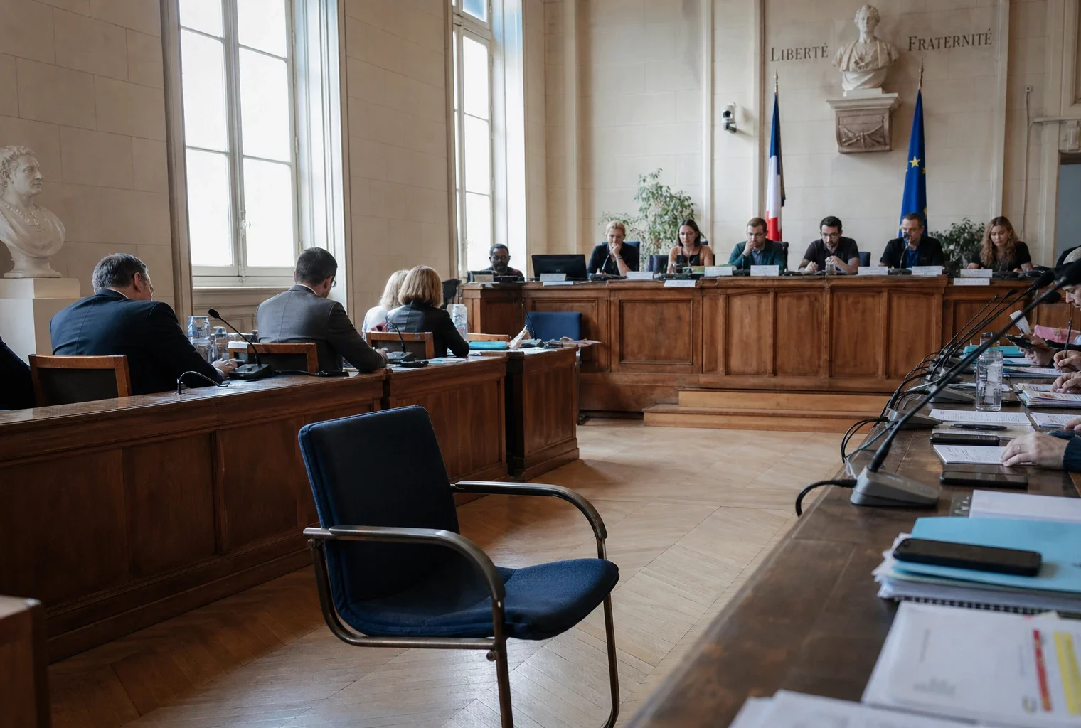 Salle municipale de conseil local avec micros, dossiers et chaise vide, dans une lumière naturelle claire
