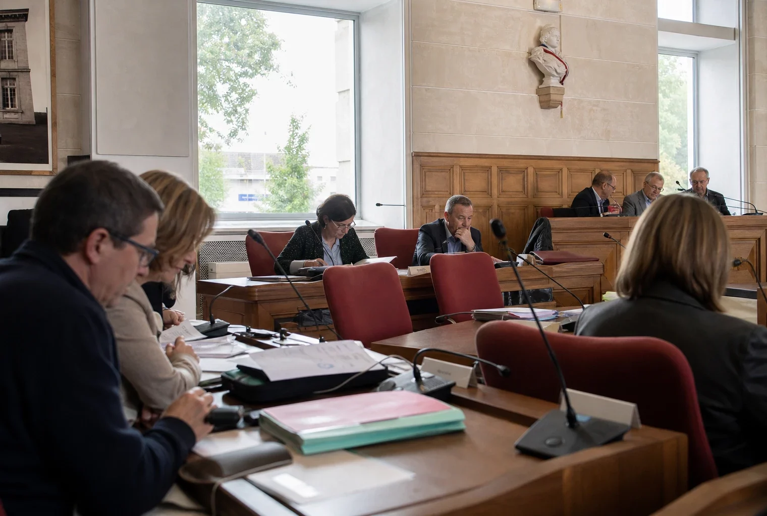 Salle municipale en plan large avec chaise vide, micros et dossiers, ambiance politique locale calme et lumineuse.