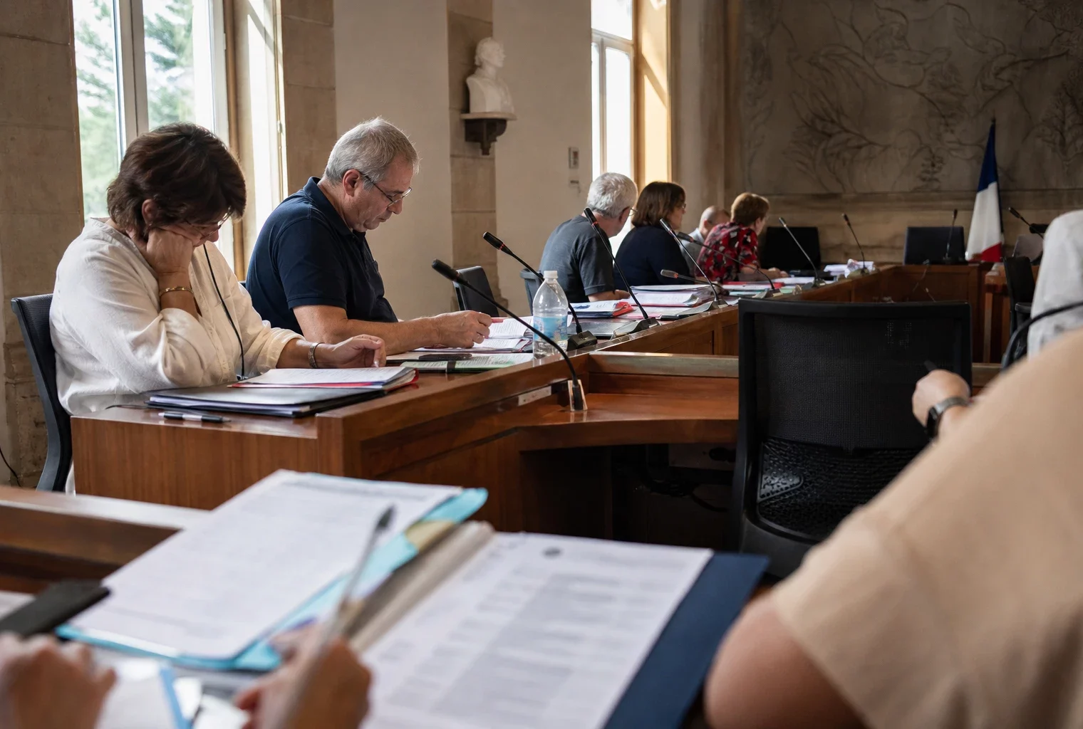 Salle de conseil municipal française avec micros, dossiers et chaise vide, en ambiance claire de reportage.