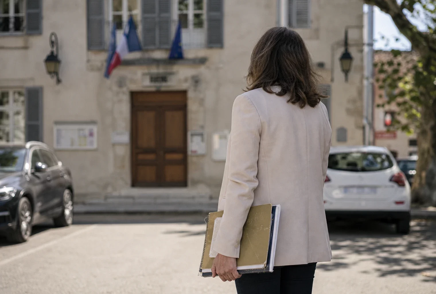 Un collaborateur municipal de dos prend des notes devant une mairie française, dans une rue calme et lumineuse.