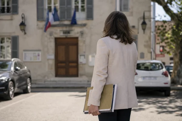 Un collaborateur municipal de dos prend des notes devant une mairie française, dans une rue calme et lumineuse.