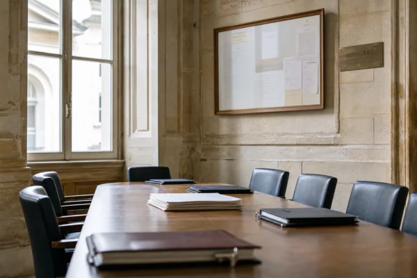 Salle de réunion ministérielle à Paris, avec dossiers fermés et documents flous sur la réforme des copropriétés.