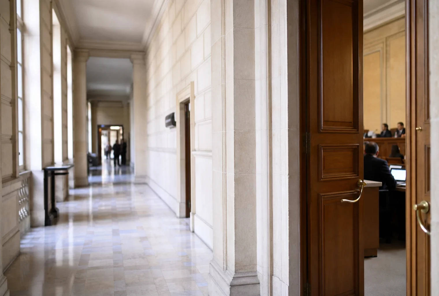 Couloir lumineux de l’Assemblée nationale, porte ouverte vers une salle d’audition vide