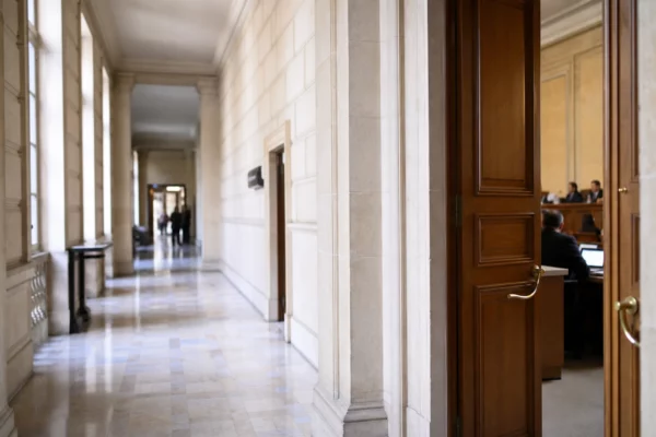 Couloir lumineux de l’Assemblée nationale, porte ouverte vers une salle d’audition vide