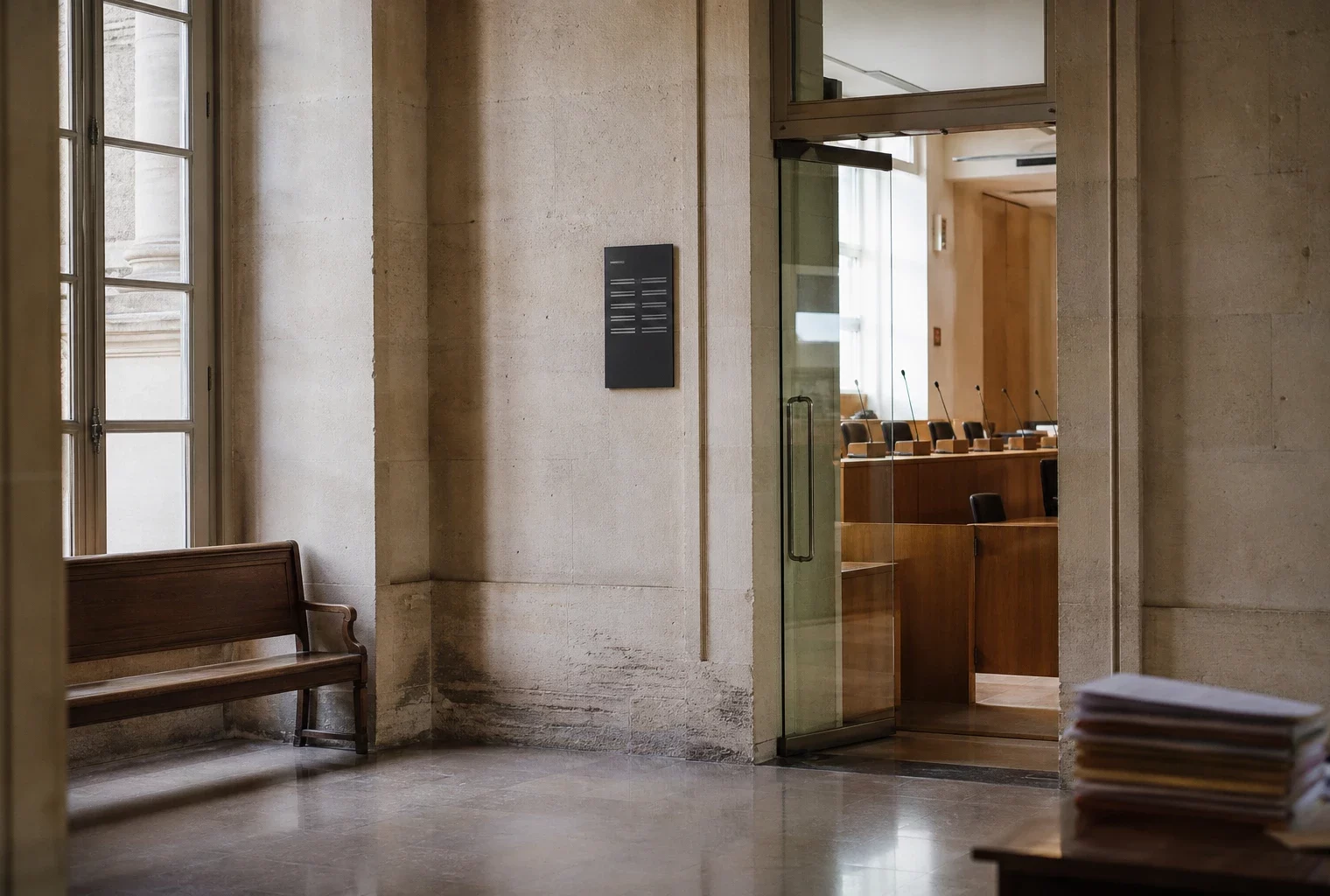 Couloir clair d’un bâtiment institutionnel français menant à une salle d’audition, ambiance documentaire et neutre.