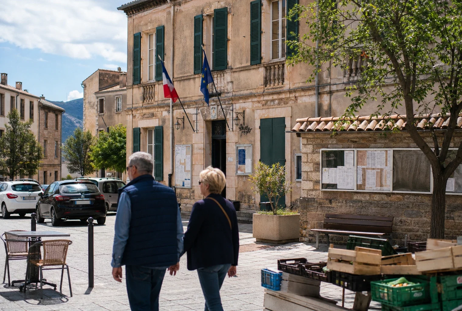 Rue de ville corse près d’une mairie, avec passants anonymes et ambiance de reportage politique local.