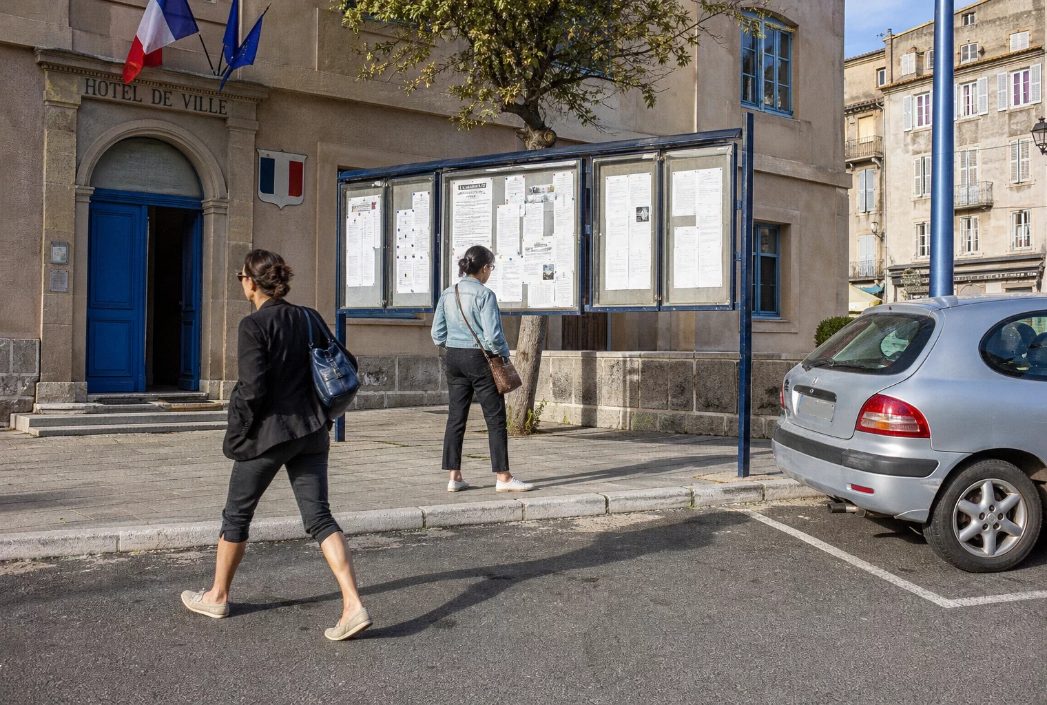Scène de rue en Corse près d’une mairie, avec des habitants anonymes et une ambiance de reportage clair.