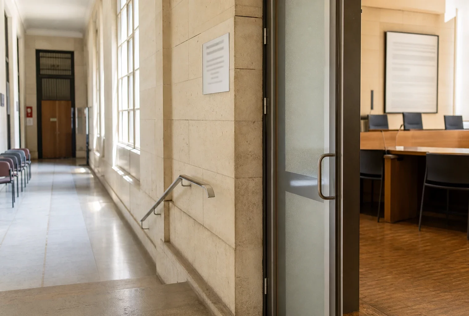 Couloir clair d’un bâtiment institutionnel français menant à une salle d’audition, vu en angle oblique.