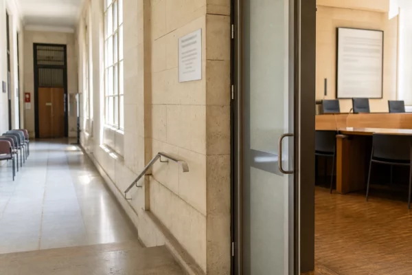 Couloir clair d’un bâtiment institutionnel français menant à une salle d’audition, vu en angle oblique.