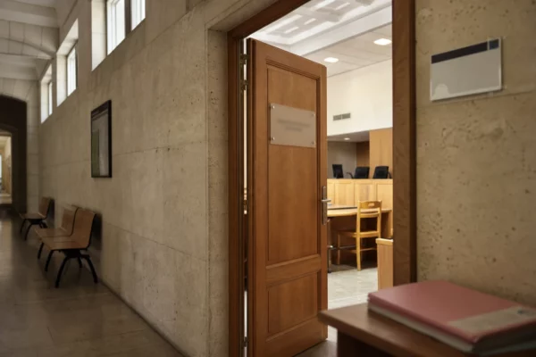 Couloir clair d’un bâtiment institutionnel avec porte entrouverte vers une salle d’audition