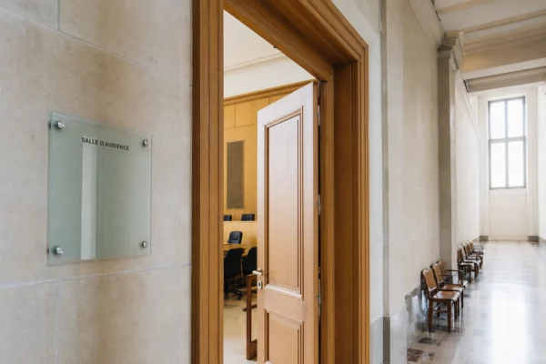 Couloir lumineux d’un bâtiment institutionnel français menant à une salle d’audition