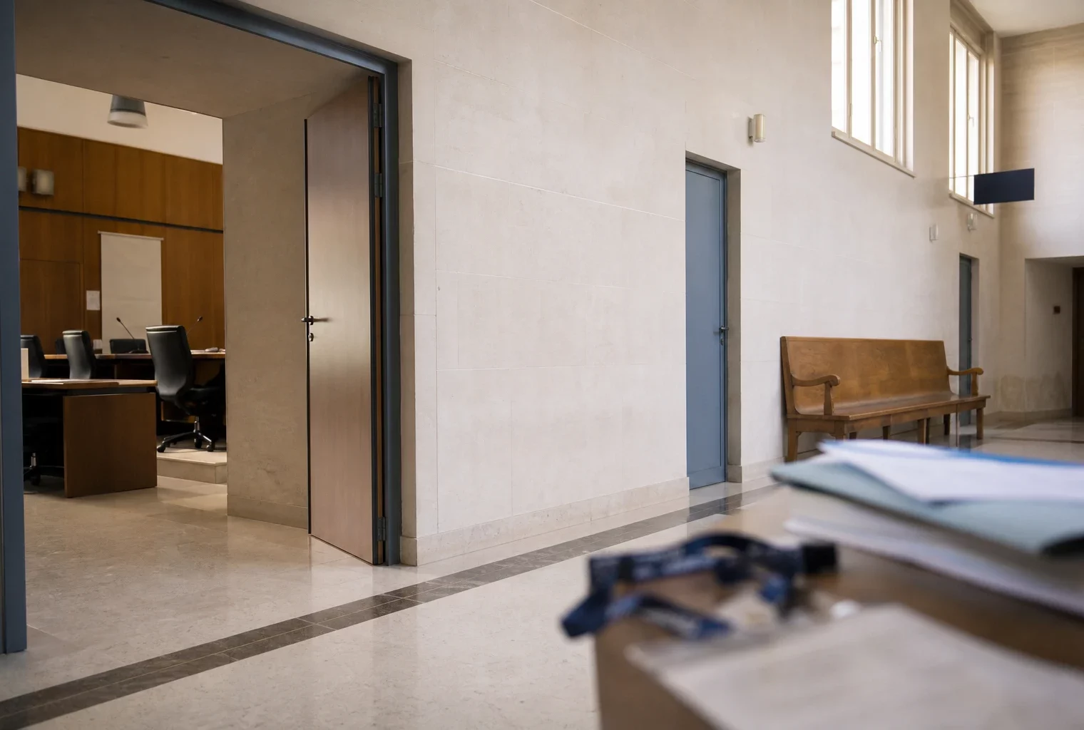 Couloir lumineux d’une institution publique française avec porte ouverte vers une salle d’audition
