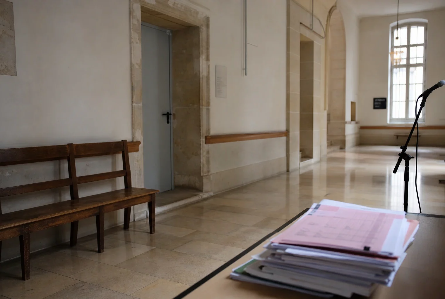 Couloir clair d’un bâtiment institutionnel français avec porte sobre, lumière naturelle et dossiers anonymes.
