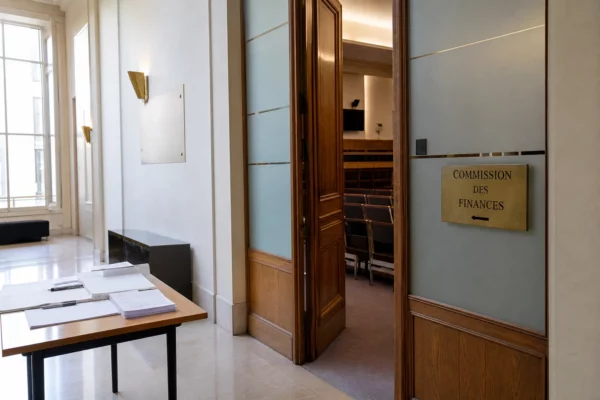 Couloir clair d’une institution parlementaire menant à une salle d’audition, avec porte sobre et documents flous.
