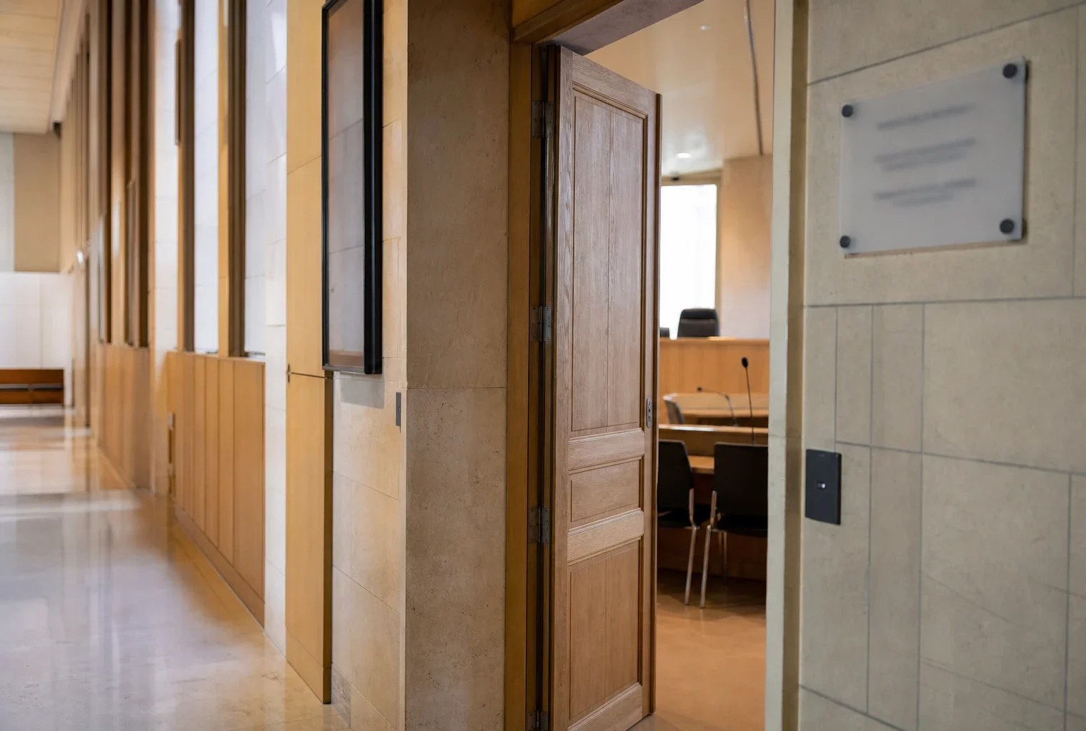 Couloir clair d’un bâtiment institutionnel français menant à une salle d’audition vide