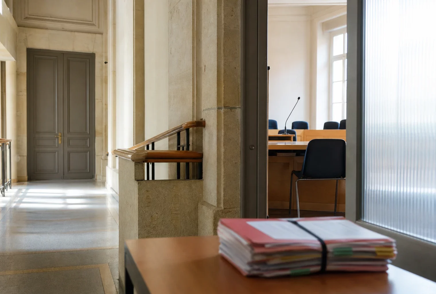 Couloir lumineux d’une institution publique française avec salle d’audition sobre et dossiers flous sur une table.