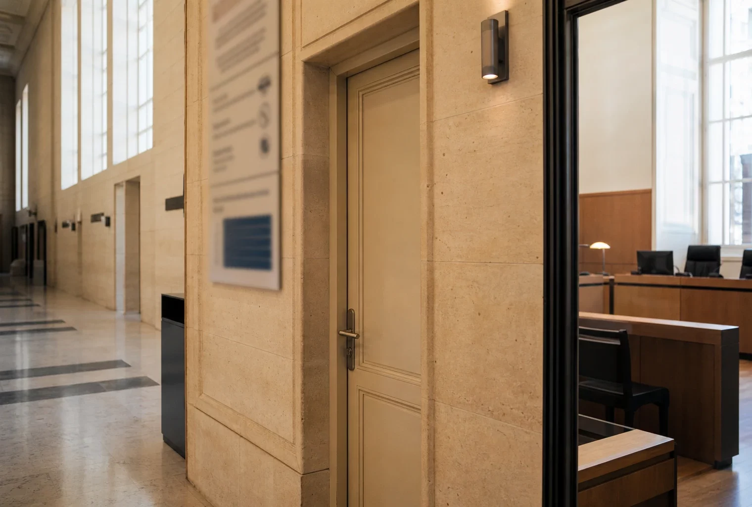Couloir clair d’un bâtiment institutionnel français avec porte sobre et salle d’audition visible en arrière-plan.