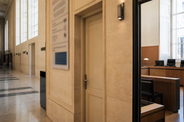 Couloir clair d’un bâtiment institutionnel français avec porte sobre et salle d’audition visible en arrière-plan.