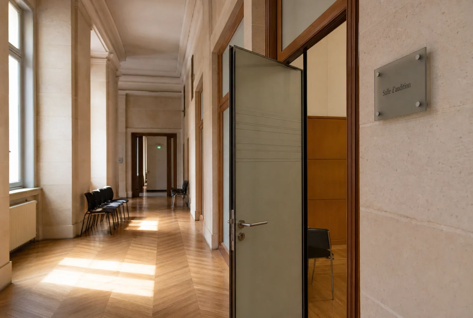 Couloir clair d’un bâtiment institutionnel français, porte d’audition entrouverte et salle vide en lumière naturelle.