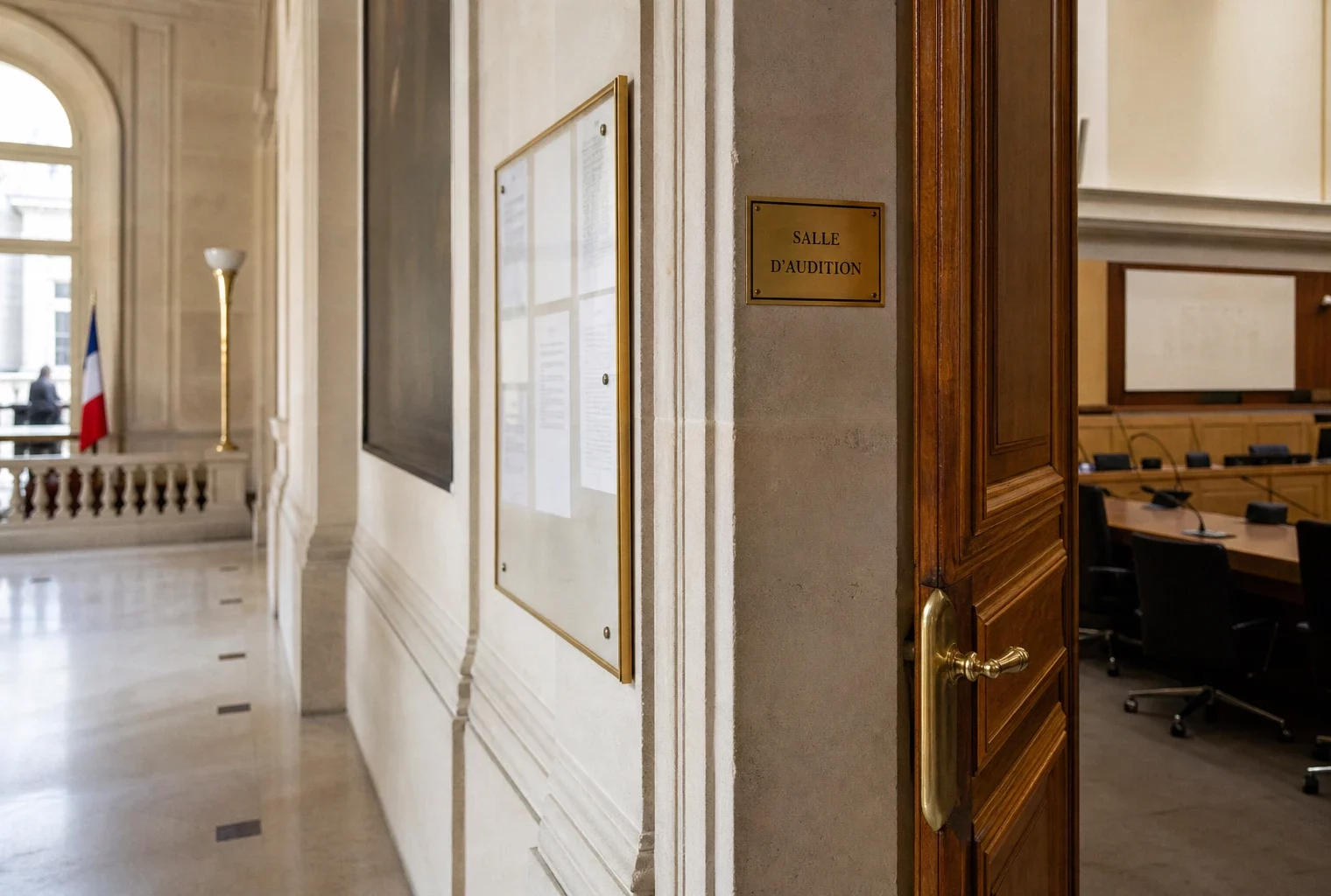 Couloir clair d’un bâtiment institutionnel avec porte d’audition entrouverte et signalétique floue