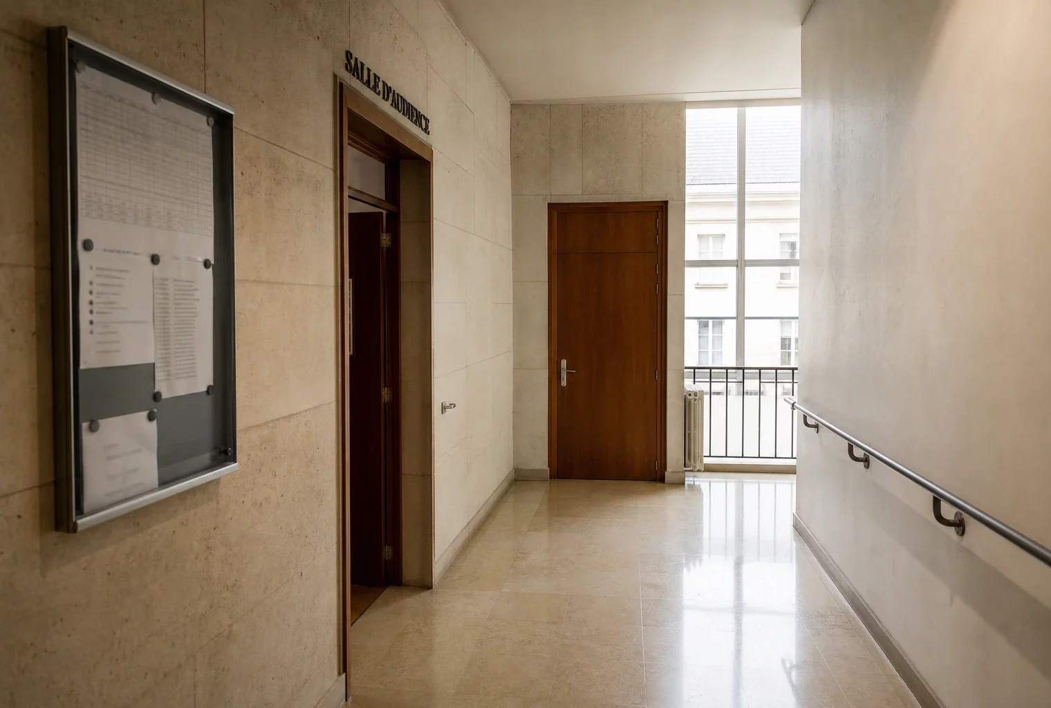 Couloir clair d’un bâtiment institutionnel français menant à une salle d’audition, vide et photographié en oblique.