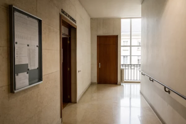Couloir clair d’un bâtiment institutionnel français menant à une salle d’audition, vide et photographié en oblique.