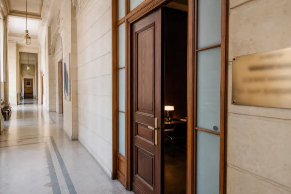 Couloir clair d’un bâtiment institutionnel français avec porte entrouverte vers une salle d’audition