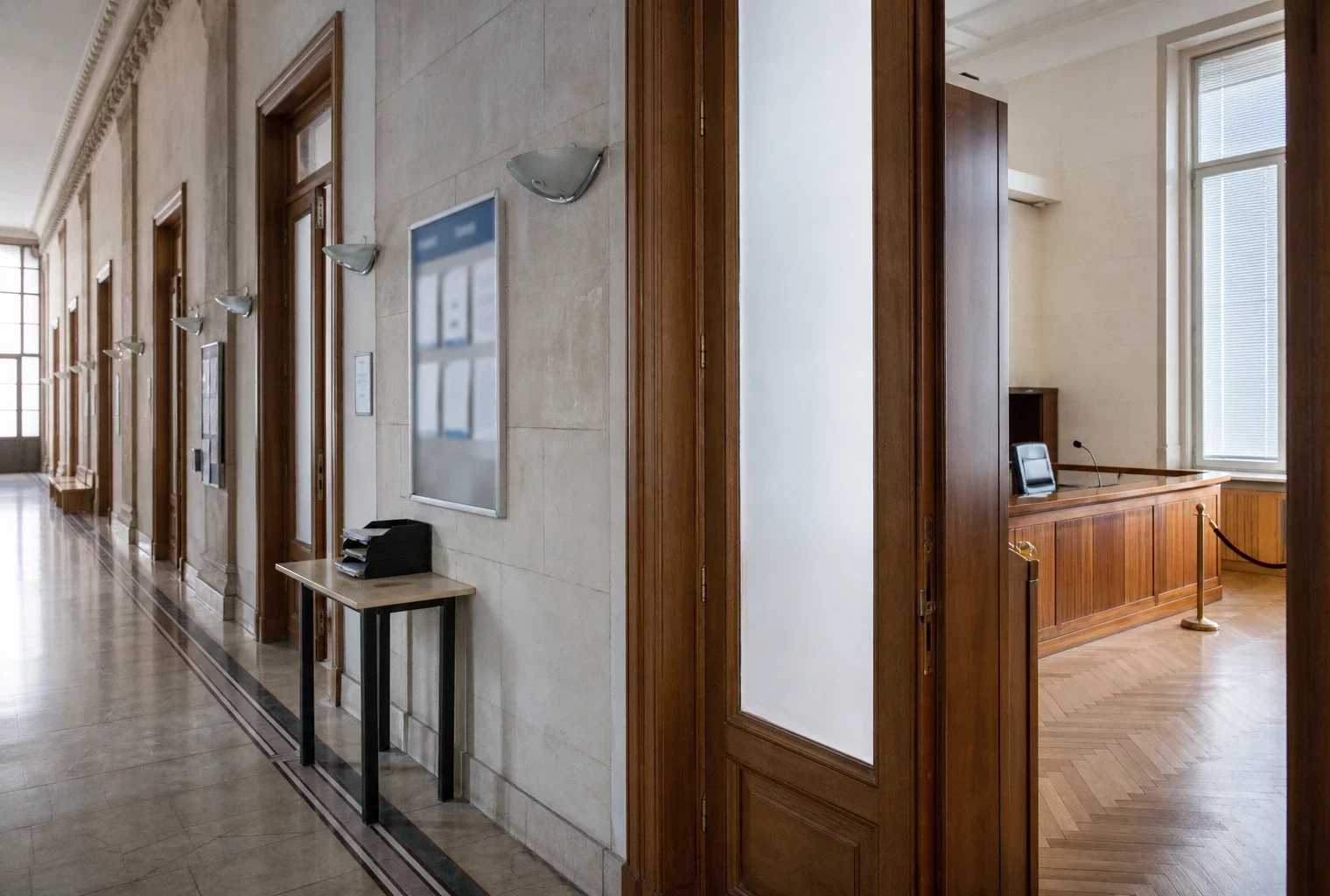 Couloir clair d’un bâtiment institutionnel français, porte entrouverte et salle d’audition en arrière-plan