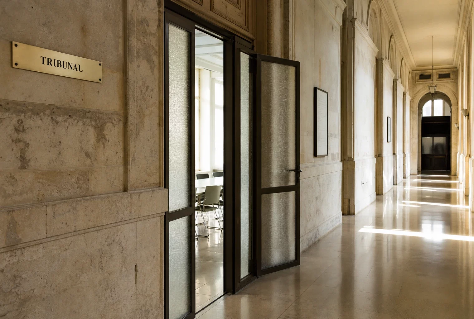 Couloir institutionnel européen lumineux et vide, photographié en angle oblique avec porte entrouverte et lumière naturelle.