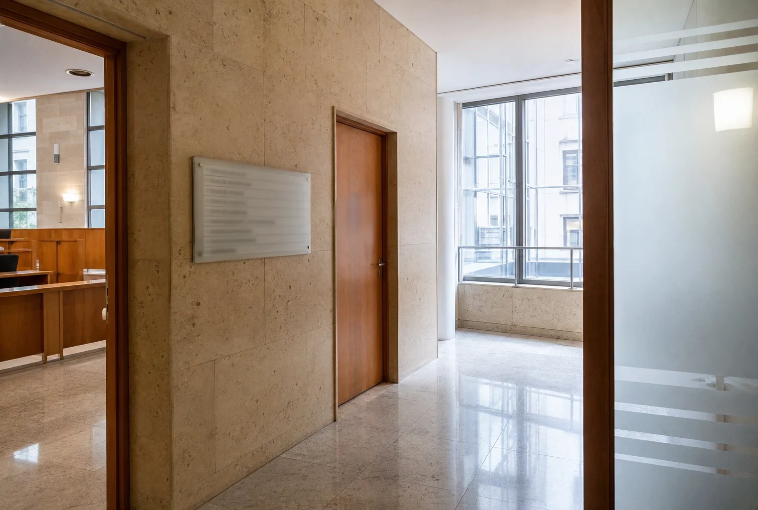 Couloir clair d’un bâtiment institutionnel français, avec porte sobre et lumière naturelle, en vue documentaire.