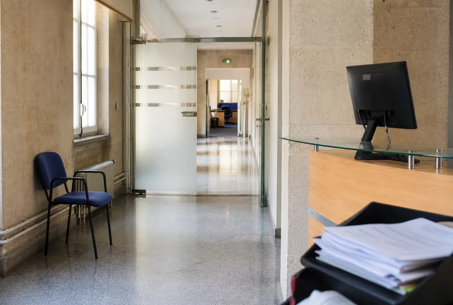 Couloir clair d’un bâtiment institutionnel français, avec porte sobre, bureau vide et documents flous.