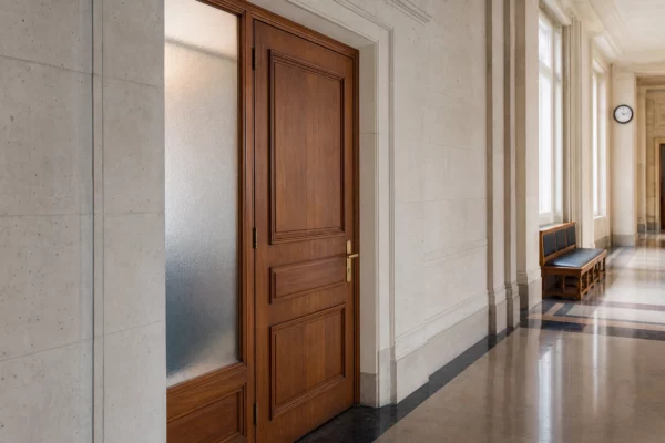 Couloir clair d’un bâtiment institutionnel français, avec porte close et lumière naturelle douce.