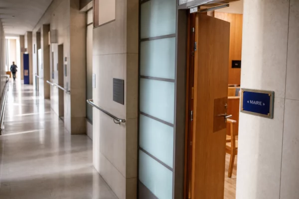 Couloir clair d’un bâtiment institutionnel français avec porte sobre et salle d’audition en arrière-plan.