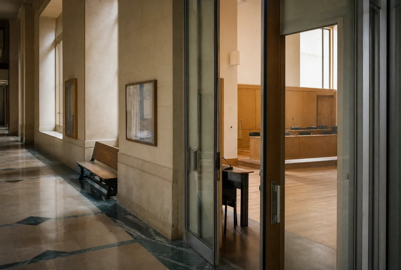 Couloir clair d’un bâtiment institutionnel français avec porte entrouverte vers une salle d’audition vide
