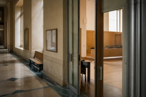 Couloir clair d’un bâtiment institutionnel français avec porte entrouverte vers une salle d’audition vide
