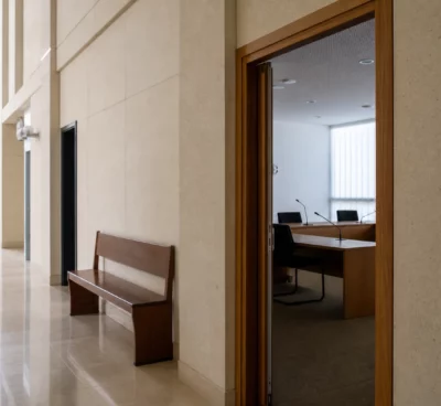 Couloir clair d’une institution publique française, porte ouverte sur une salle d’audition sobre et vide.