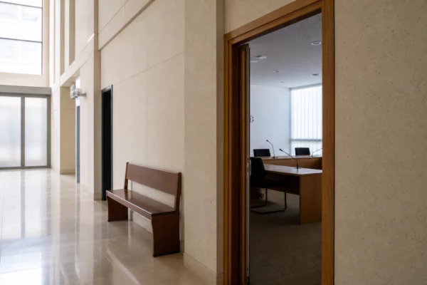 Couloir clair d’une institution publique française, porte ouverte sur une salle d’audition sobre et vide.