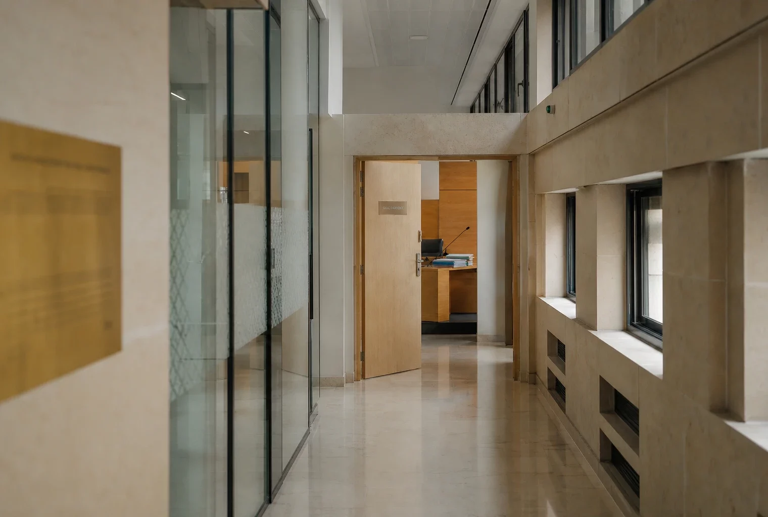 Couloir clair d’un bâtiment de justice avec porte entrouverte vers une salle d’audition