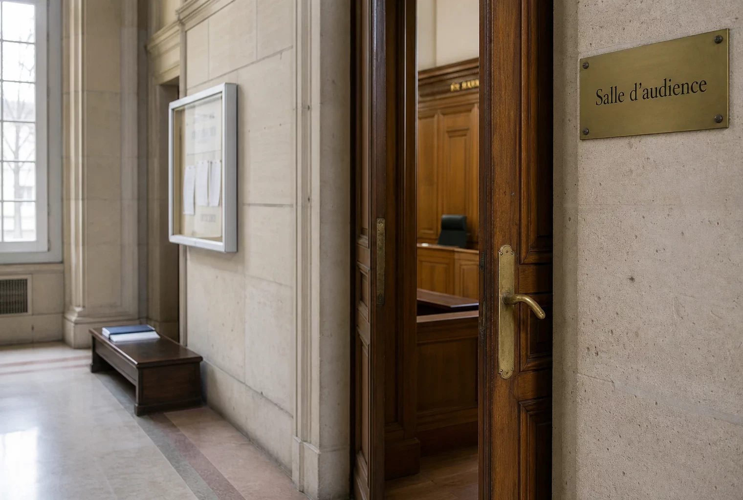 Couloir clair d’un bâtiment institutionnel français avec porte d’audience entrouverte et dossiers flous