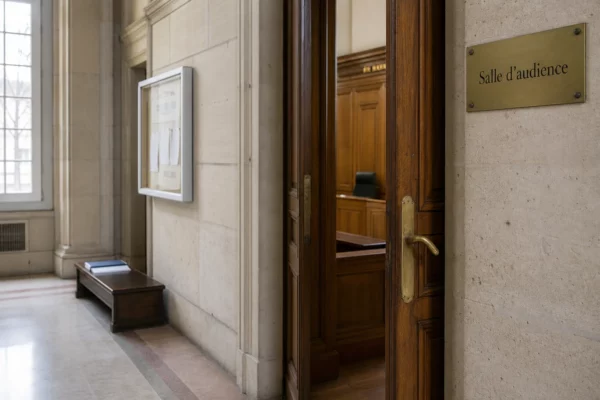 Couloir clair d’un bâtiment institutionnel français avec porte d’audience entrouverte et dossiers flous